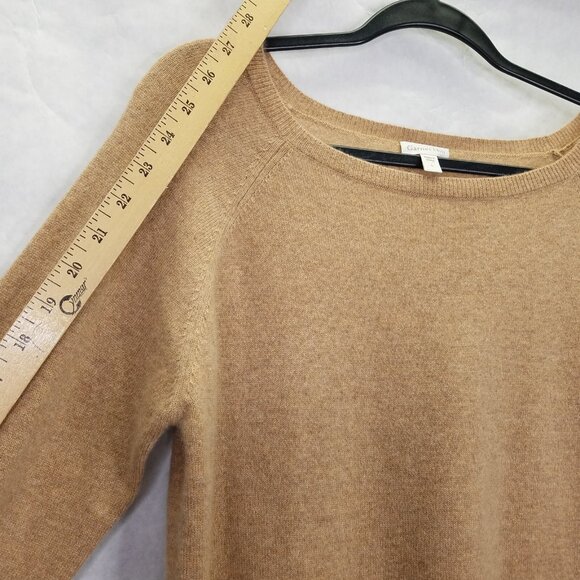 Garnet Hill Shirt Tail Cashmere Sweater Women's L Oatmeal Brown Sheer Lace Hem - Picture 14 of 15